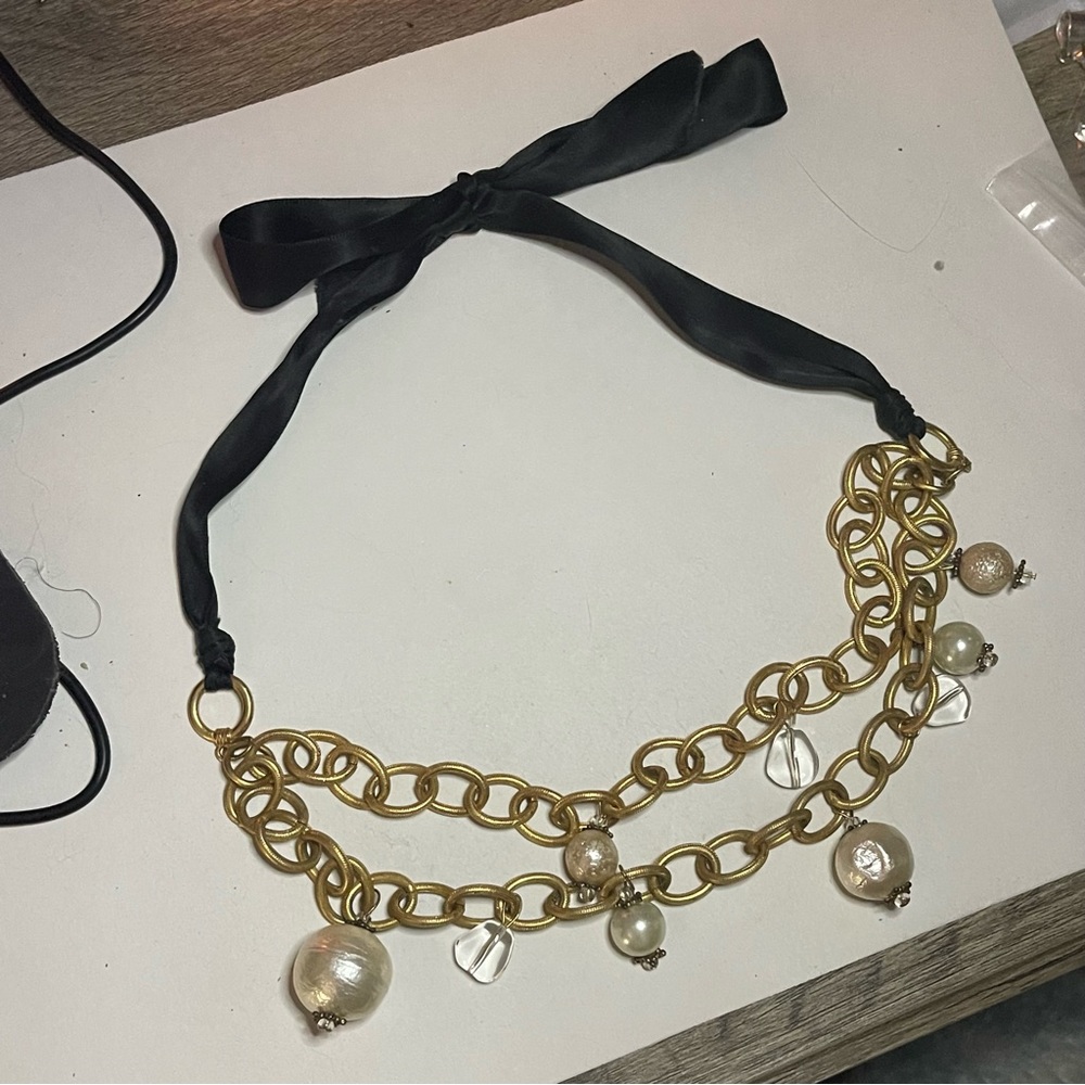 Vintage ANNE KLEIN Gold Plated Pearl Crystal Charm 2 Chain Tie Choker Necklace - Picture 7 of 14